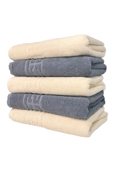 OEM Set 5 bath towels, Cotton, Bicolor, Greek Border, 500g/m², 70x140cm, Gray-Ivory
