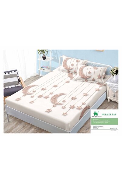 OEM Bedspread and pillowcases, Finet, 3 pieces, 1 person, 140x200cm, Star-Moon, White-Beige