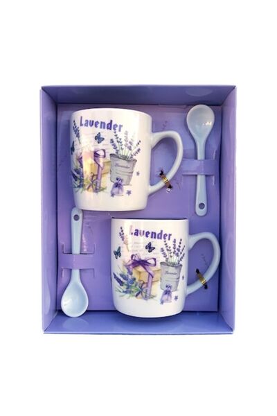 OEM Set de două căni ceramice cu lingurițe, design lavandă, 16x20cm, 200ml, M3