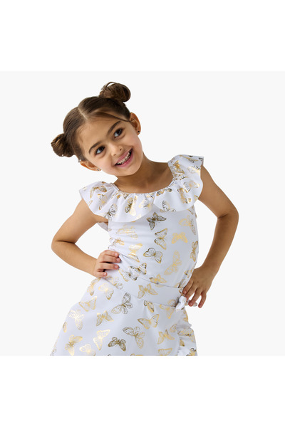 Juniors Butterfly Print Sleeveless Swimsuit with Ruffle Detail