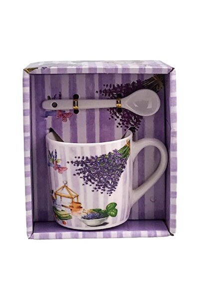 OEM Cană ceramică cu lingură și design cu lavandă, 13x15 cm