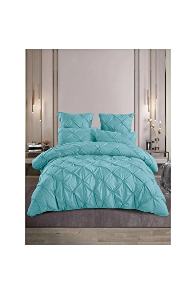 OEM Set de lenjerie de pat dublu, pliuri brodate, uni, 6 piese, bumbac fin, 230x250cm, albastru cer