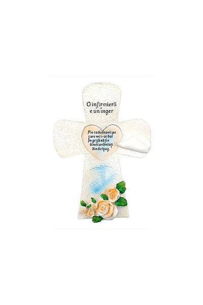 OEM Resin cross with flowers and text, 17x24 cm