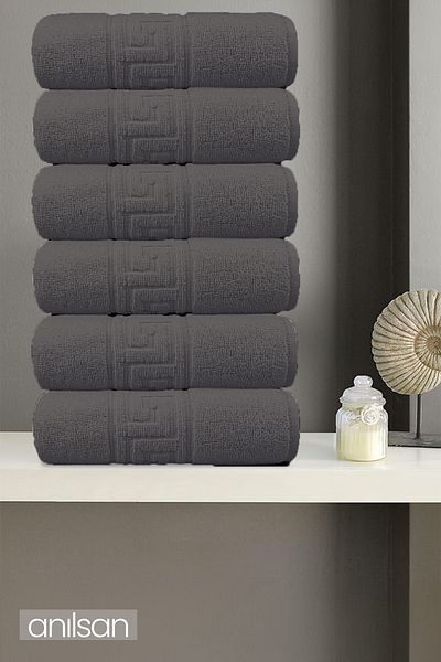 Anılsan 6-Piece Greek Anthracite Hand Towels - 50X90 Cm, 225 Gr, 100% Cotton, Spa and Hotel Towels, Daily Use