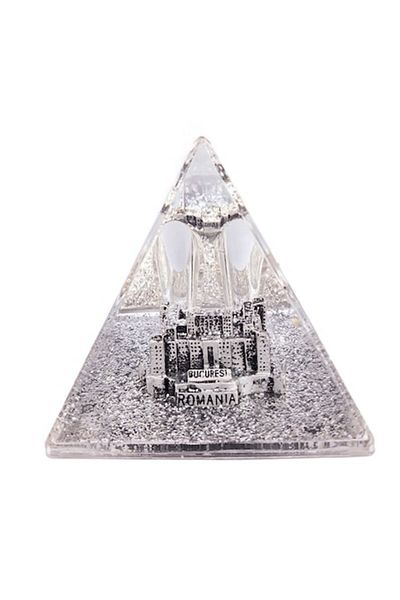 OEM Piramida din plastic cu lichid, cu Palatul Parlamentului, argintiu, 8x8 cm