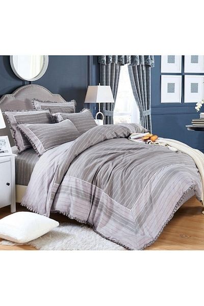 OEM Luxury Bedding Set with Ruffles, Cotton Finet, 4 Pieces, Double Size, 230x250cm, Gray Stripes Print