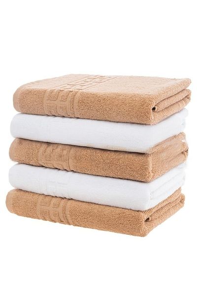 OEM Set 5 prosoape de mână, bumbac, bicolor, bordură grecească, 500g/m², 30x50cm, maro-alb