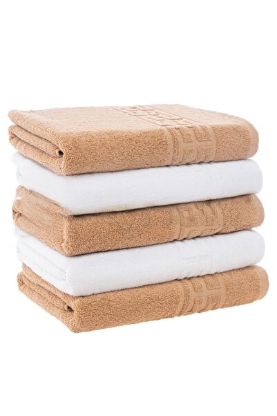 OEM Set 5 Hand Towels, Cotton, Bicolor, Greek Border, 500g/m², 30x50cm, Brown-White