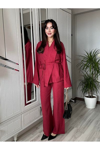 My Blog Burgundy Shawl Collar Kimono Pants Set - 98655