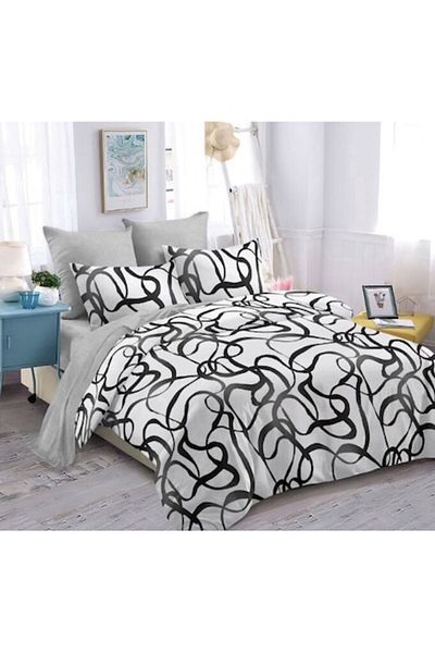 OEM Lenjerie de Pat, Finet, 6 piese, 2 persoane, 230x250cm, Imprimeu Abstract, Gri-Negru