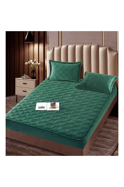 JOJO HOME Cearșaf de pat și 2 fețe de pernă, Jojo Home, catifea, model floral, saltea matlasată, 140x200 cm, verde