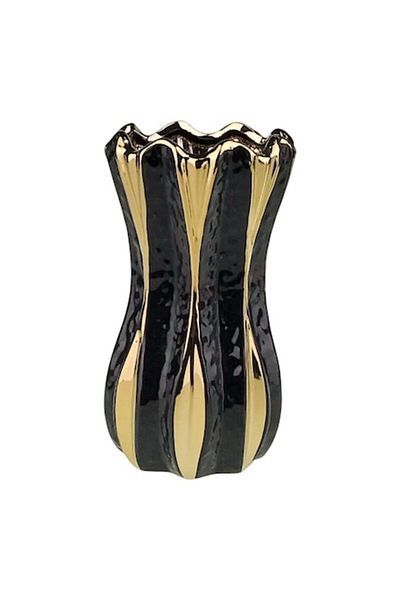 OEM Vază din ceramică cu dungi late și gură ondulată, formă de lalea 10x18 cm negru-auriu