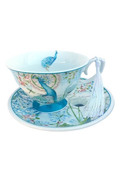 OEM Ceramic Cup and Saucer with Peacocks and Ribbon, 100 ml