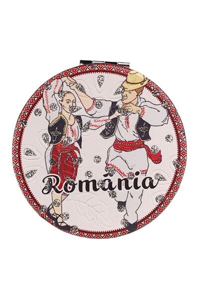 OEM Handbag Mirror, Glass, Textile Cover, 'Romania' Text, 7 x 7 cm, Multicolored