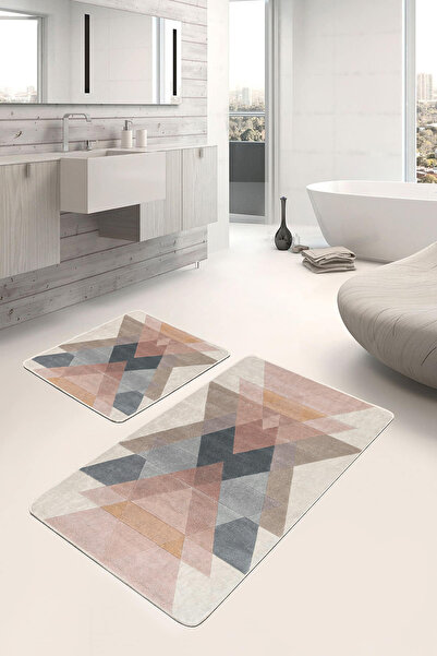 Realhomes Pastel Tonlarda Geometrik Desenli Pudra-Gri 2'li Kaymaz Taban Yıkan...