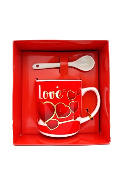 OEM Cană ceramică cu linguriță și inimioare, pungă cadou, 13 x 15 cm