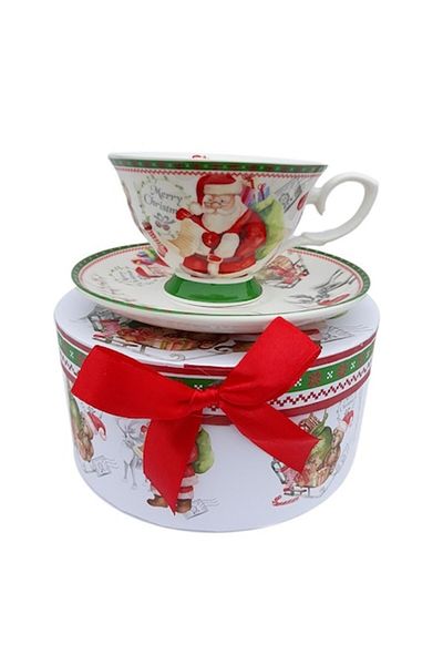 OEM Ceramic Cup with Saucer Decorated with Christmas Drawings, 15x8 cm