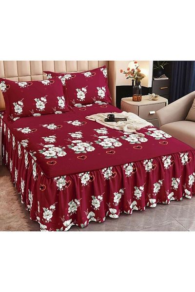 OEM Double bed sheet with ruffles, Rose Print, 3 pieces, Finet, 160x200cm, White-Burgundy