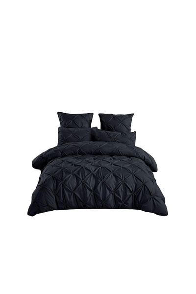 OEM Double Bed Linen, Embroidered Pleats, Solid Color, 6 Pieces, 2 Persons, Fine Cotton, 230x250cm, Blac