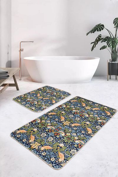 Realhomes Floral Bird Navy-Green Patterned 2-Piece Non-Slip Base Washable Bath Mat Set