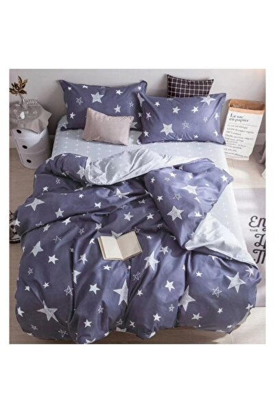 OEM Lenjerie de pat dublă, bumbac satinat, 4 piese, 2 persoane, stele, bleumarin-gri, 240x250cm