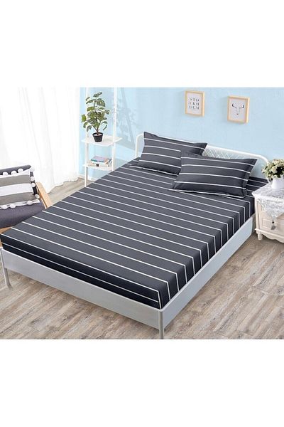 OEM Fitted Sheet Set with Elastic, 3 Pieces, Satin Cotton, 180x200cm, Dark Gray-White Stripes