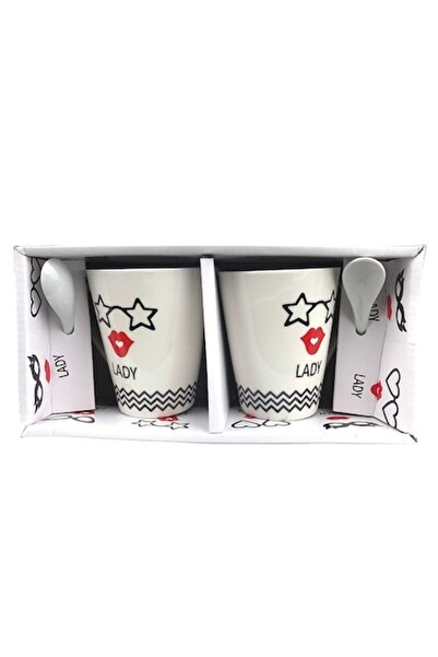 OEM Set de două căni ceramice cu lingurițe, text „Lady”, 23x11 cm