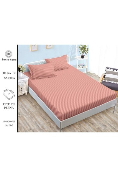 OEM Husa de pat si 2 fete de perna, cu elastic, Sonia-Home, Damasc, 1 persoana, Uni, 140x200cm, Somon