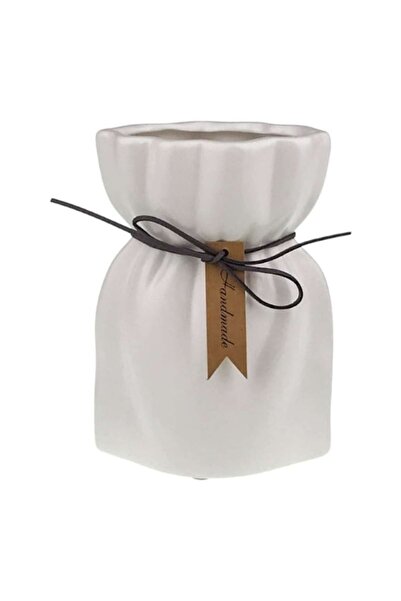 OEM Ceramic Vase in Sack Shape with Decorative String 16x23 cm White