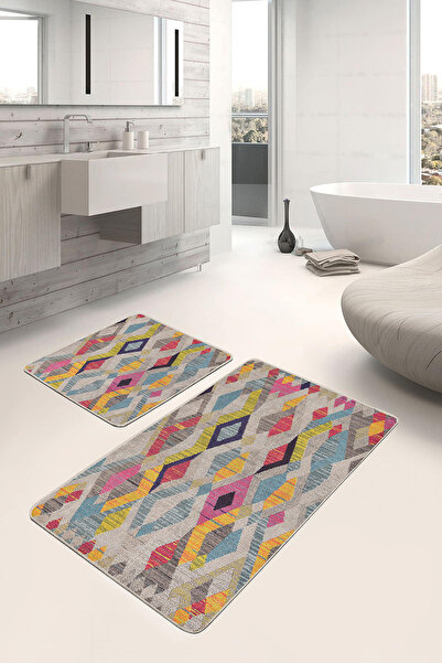 Realhomes مجموعة من 2 سجادة حمام قابلة للغسل وقاعدة غير قابلة للانزلاق بنمط هندسي حديث متعدد الألوان