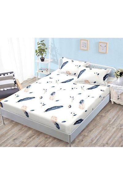 OEM Husa de Pat, cu Elastic, 3 Piese, Bumbac Satinat, 180x200cm, Imprimeu Pene Multicolor
