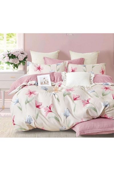 OEM Double Bed Linen, 2 Faces, Lilies, 6 Pieces, 2 Persons, 180x200cm, Finet Satin, Multicolor