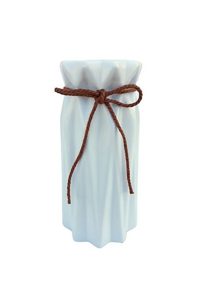 OEM Fine ceramic vase with grooves and cord, 18cm, white