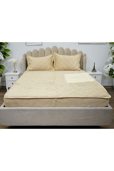 OEM Set de cearșafuri cu 2 fețe de pernă, catifea, saltea matlasată 140x200 cm, crem