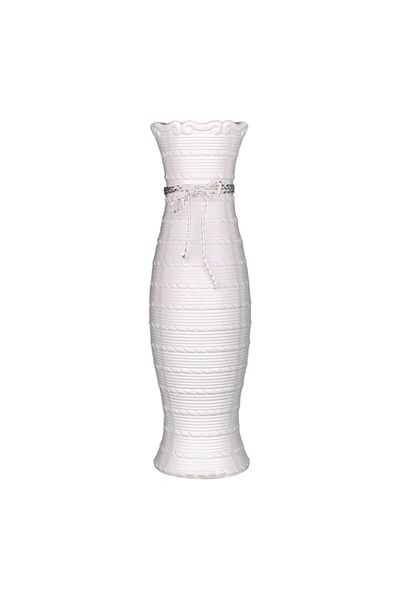 OEM Vaza din ceramica cu striati si fundita, 15X50 cm alb