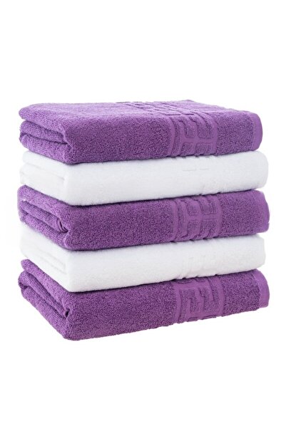 OEM Set 5 Bath Towels, Cotton, Bicolor, Greek Border, 500g/m², 70x140cm, Purple-White