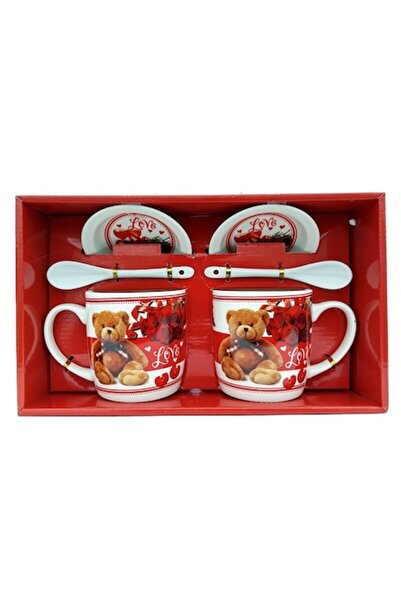 OEM Set ceramică 2 căni cu lingurițe și capace, cu ursuleți iubitori, 200ml, M2