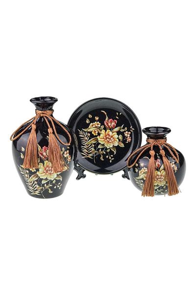 OEM Ceramic Set with Two Vases and Decorative Plate with Floral Pattern 26x17 cm