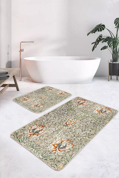 Realhomes Floral Leaf Cream Orange Patterned 2-Piece Non-Slip Base Washable Bath Mat Set