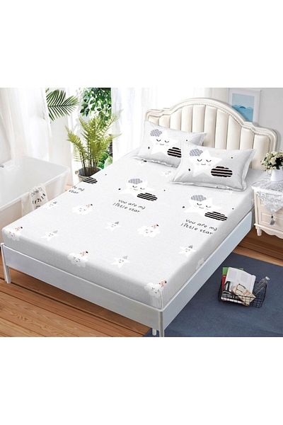 OEM Husa de Pat, cu Elastic, 3 Piese, Bumbac Satinat, 180x200cm, Imprimeu Norisori, Multicolor
