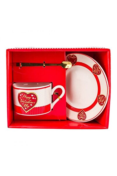 OEM Ceramic Cup with Saucer and Metal Spoon, Heart Design