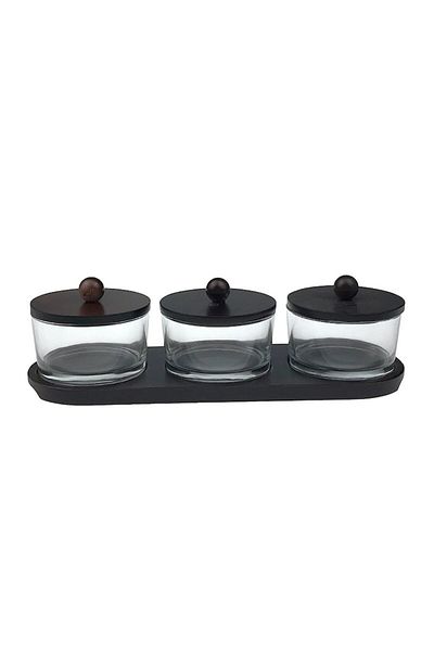 OEM Set de ulcioare din sticlă cu capac și suport din lemn, 3 recipiente 30x8cm, Negru