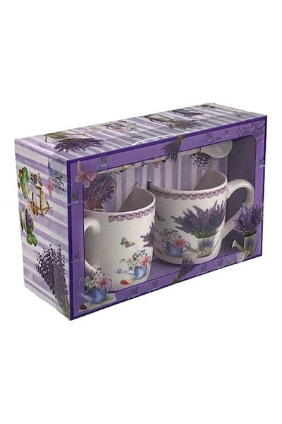 OEM Set de două căni cu linguriță, design lavandă