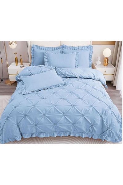OEM Lenjerie brodată de pat dublu, Finet, Uni, 4 piese, 2 persoane, 230x250cm, Albastru Deschis