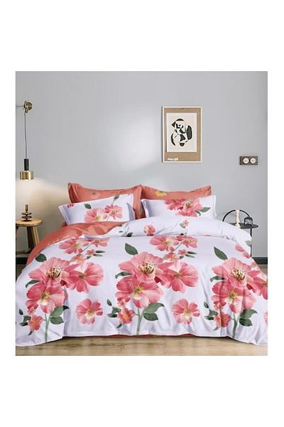 OEM Lenjerie de pat, Imprimeu Flori Corai, 4 Piese, 2 persoane, 230x250cm, Bumbac, Multicolor