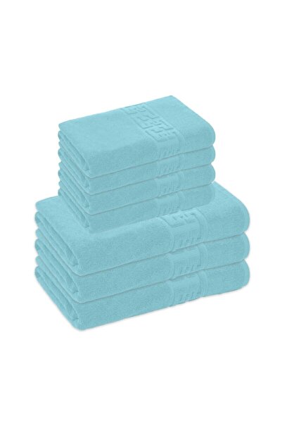 OEM Set 7 prosoape de baie, Bumbac, Bordura Greceasca, 500g/m², 50x90cm/70x140cm, Albastru Deschis Past