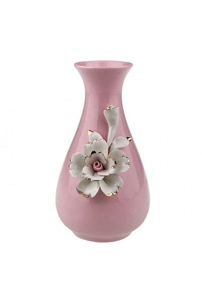 OEM Vază ceramică cu gât îngust și flori în relief, roz, 10x18 cm