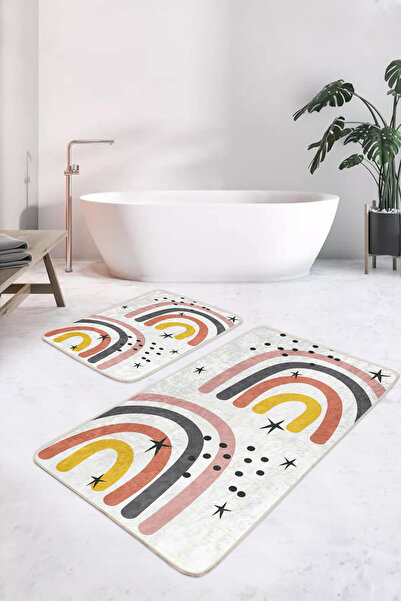 Realhomes مجموعة سجادة حمام قابلة للغسل وقاعدة مضادة للانزلاق مكونة من قطعتين باللون الأصفر والوردي والرمادي