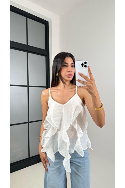 Gaus Λευκό ρυθμιζόμενο λουράκι MD ισοδύναμο με βολάν με λεπτομέρεια μπλούζα Gaus00665