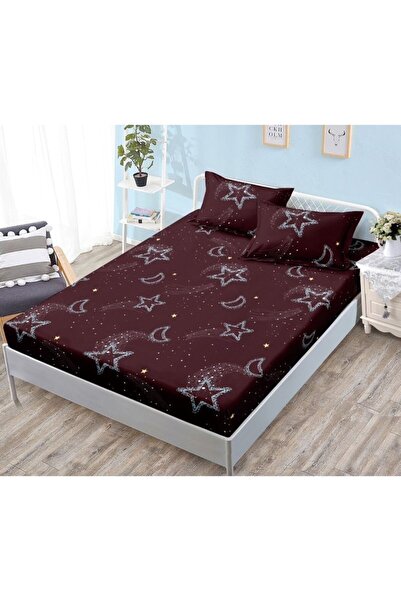 OEM Bed Sheet with Elastic, 3 Pieces, Satin Cotton, 180x200cm, Falling Stars Print, Bordeaux-Grey